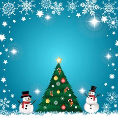 Cute vector and illustration cartoon frame and copy space of snowman, Christmas tree, snowflakes, and shiny star on bright blue sky background