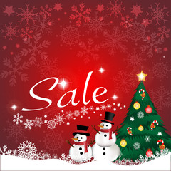 Fototapeta na wymiar Vector and illustration Christmas theme with cute snowman, christmas tree, snowflake and SALE word on red background