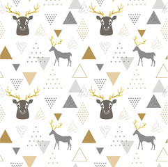 Reindeer geometric trendy seamless pattern with animal silhouette, winter holidays scandinavian minimal pattern, invitation vector background - obrazy, fototapety, plakaty