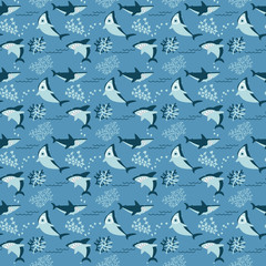 Cool sharks and seaweeds seamless pattern.