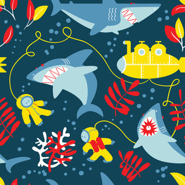 Underwater adventure seamless pattern with sharks, submarine and divers.