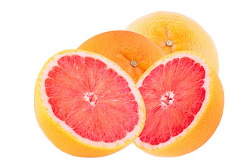 two whole grapefruits and two half isolated on white background with clipping path