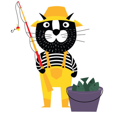 Cool cartoon cat like fisherman with bucket of fishes and fishing pole