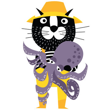 Cool cartoon cat like fisherman holding octopus.