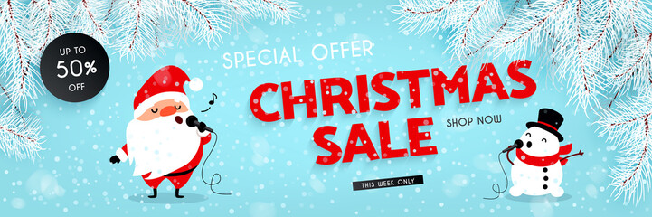 Christmas sale, discounts. Festive advertising banner with fun New Year characters. Santa Claus and Snowman singing into the microphone. Snow, Branches of the Christmas tree. Vector