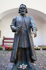 Fototapeta na wymiar Statue of prince Podolsky Fedir Koryatovych (1331-1414) in castle Palanok, Mukacheve, Ukraine