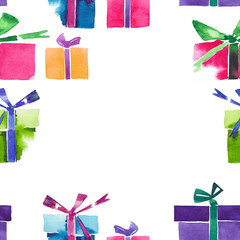 Beautiful graphic lovely artistic tender wonderful holiday new year bright winter colorful gifts with bows frame watercolor hand illustration. Perfect for textile, wallpapers, and backgrounds