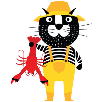 Cool cartoon cat like fisherman holding lobster.
