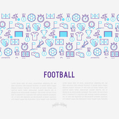Football concept with thin line icons: player, whistle, soccer, goal, strategy, stopwatch, football boots, score. Vector illustration for banner, print media, web page.
