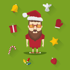Vector hipster santa claus with Christmas elements. Merry Christmas card illustration.