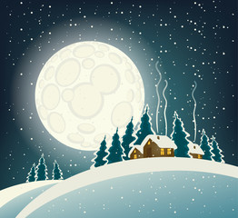 Vector winter night landscape with village in the snowy forest in a full moon