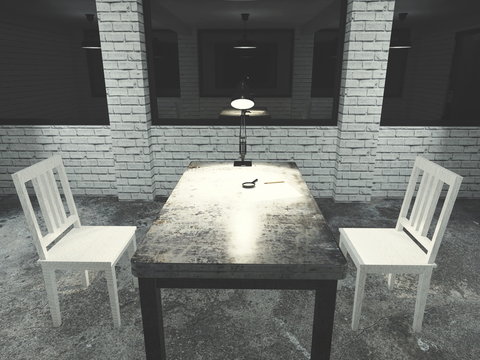 3d render from imagine investigation room dark interview and dirty  face to face