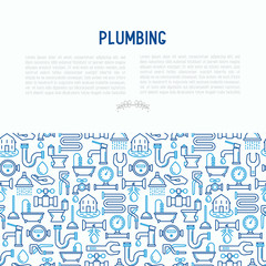 Fototapeta na wymiar Plumbing concept with thin line icons of bathtub, shower, pipe, wrench, drop, leakage, meter, plunger. Modern vector illustration for banner, web page, print media.