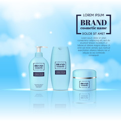 3D realistic cosmetic bottle ads template. Cosmetic brand advertising concept design on sky background with clouds