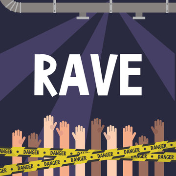 Rave. Illegal techno party in the industrial interiors. Raised hands. Party people. Youth culture. Techno music. Flat vector illustration, clip art