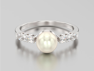 3D illustration white gold or silver diamond ring wth pearl