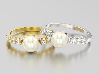 3D illustration two yellow and white gold or silver diamond rings wth pearl