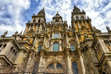 Facade of landmark Santiago de Compostela Cathedral; low angle view