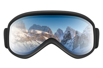 Ski goggles with reflection of mountains