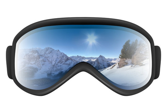Ski goggles with reflection of mountains