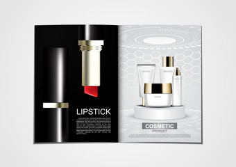 Cosmetic magazine template, red lipstick and skincare products with template on black and futuristic room background