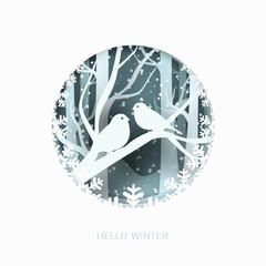 Hello winter 3d abstract paper cut illustration of snow and two birds in the forest. Vector template