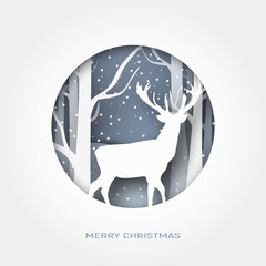 Merry Christmas 3d abstract paper cut illustration of snow and deer in the forest. Vector template