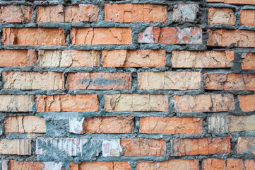 Old red crumbly bricks wall background