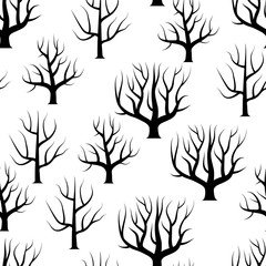 Seamless black and white curved trees without leaves backgrounds. Vector forest seamless texture.
