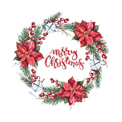 Watercolor Christmas wreath of branches with red berries, fir needle, poinsettia flowers, bells and hand letters "merry christmas" on a white background. Bright  frame for your wishes © svetazi