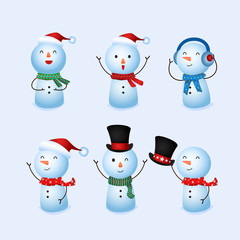 Winter holidays cute snowman collection of christmas. Cheerful snowman in different poses. Snowman with hat earmuffs and scarf. Merry christmas and Happy new year.