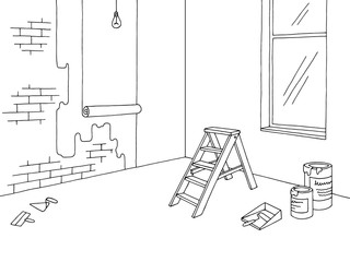Renovation room interior graphic black white sketch illustration vector