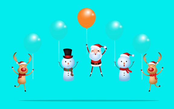 Outstanding Santa Claus Rises Above With Balloon And Reindeer Snowman Flying With Balloon. Merry Christmas And Happy New Year.