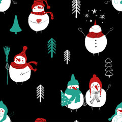 Christmas Seamless Pattern Of Snowmans.