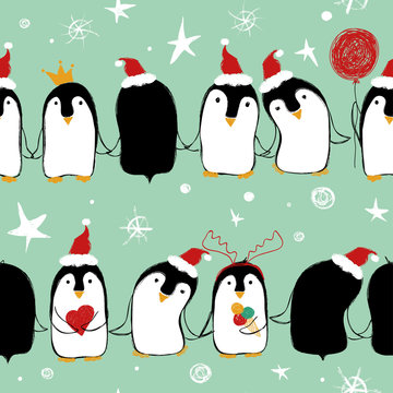 Christmas Seamless Pattern Of Penguins.