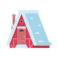 Gingerbread winter house with chimney icon. Wooden half-timbered home or rural snow cottage building in cartoon style. Alpian chalet in flat design.