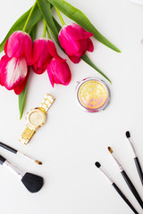 Still life of fashion woman, objects on white background