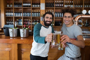 Two friends toasting glass of beer at counter in bar