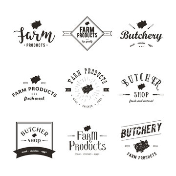 Set of retro styled butchery logo templates. Emblem of Butchery meat shop with Pig silhouette, text The Butchery, Fresh Meat, farm products. Farmer shop, market, restaurant or design banner, sticker.