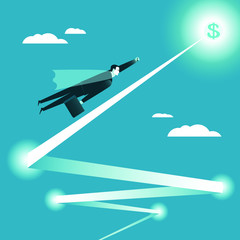 Businessman flying in the mantle and reaches one goal after another . Vector illustration