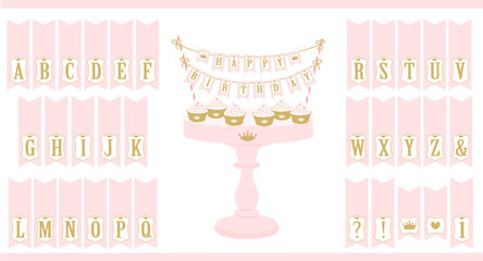 Vector pink cake stand with cupcakes. Set of printable letters cake bunting. Mini flags can use for decoration princess party( birthday, baby and bridal shower, wedding). Royal Happy Birthday card. 