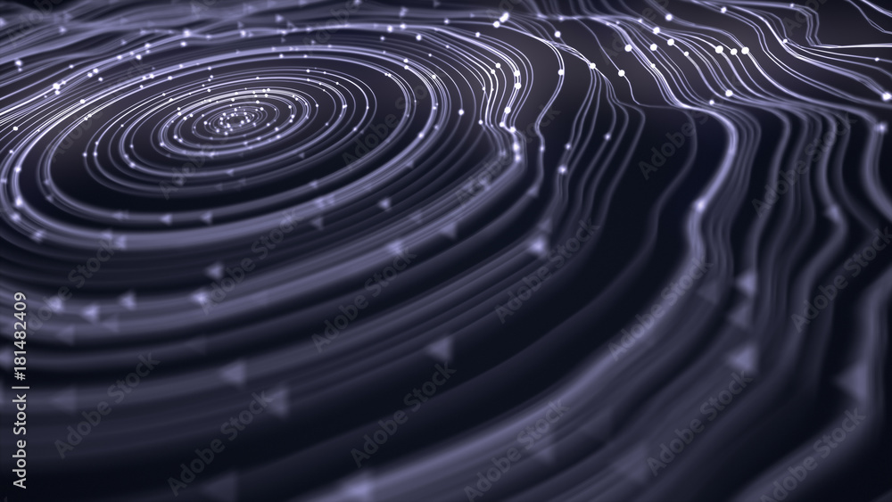 Poster magic wavy rings with small beads on a dark background. 3d rendering