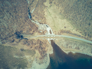 Railway on the Baikal lake shore from aerial view