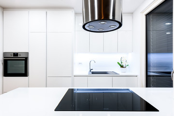 Interior design new modern white kitchen with kitchen appliances.