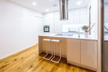 Interior design new modern white kitchen with kitchen appliances.