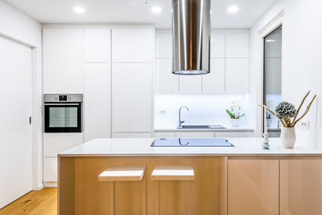 Fototapeta na wymiar Interior design new modern white kitchen with kitchen appliances.