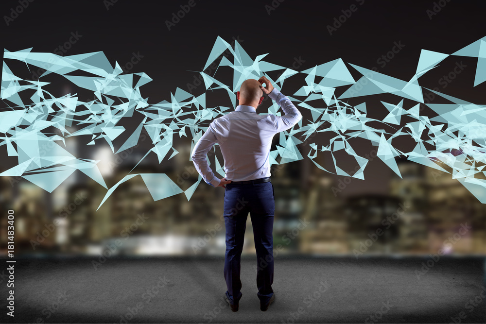Poster businessman in front of a wall with abstract triangle displayed on a futuristic interface with line 