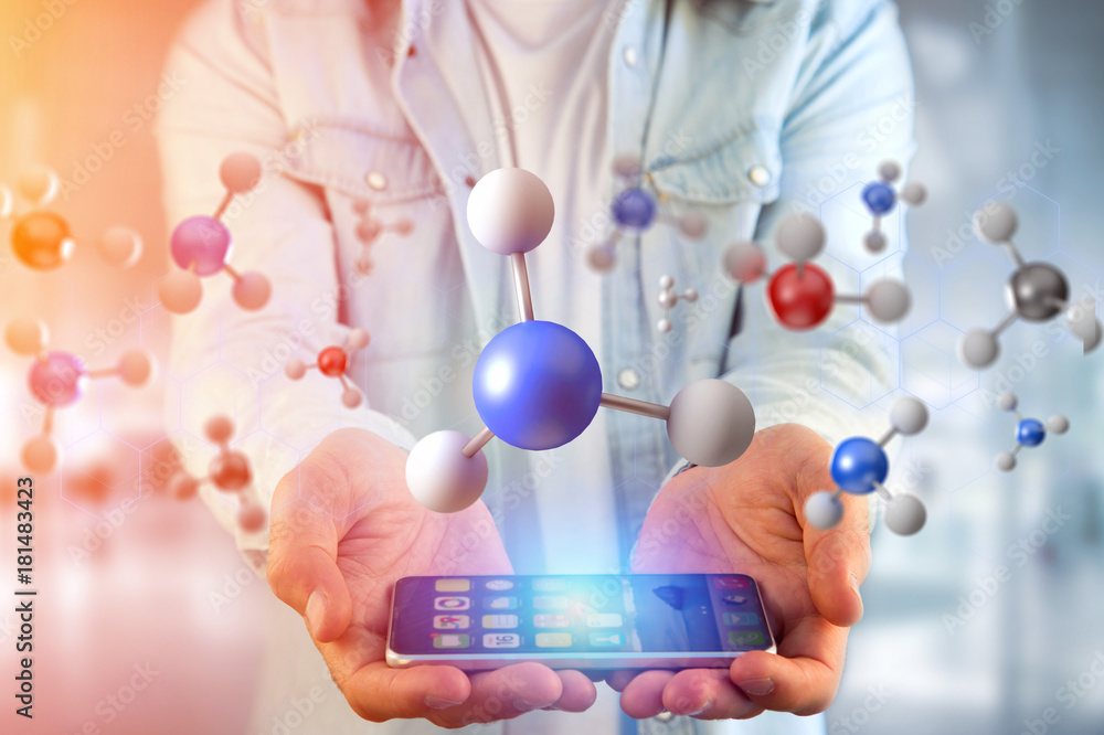 Poster 3d rendering molecule on a displayed on a medical interface