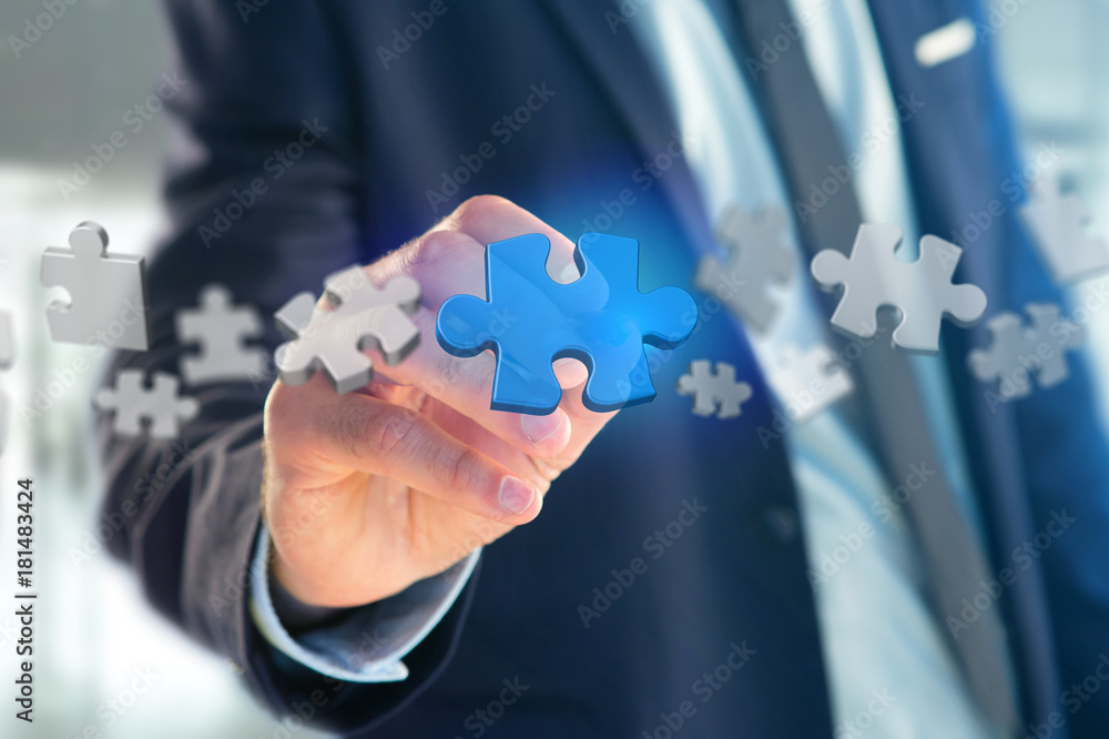 Poster puzzle pieces on a futuristic interface - 3d rendering