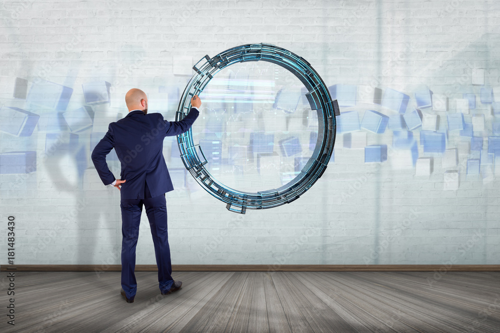 Poster hologram made of wheel with a futuristic finance data interface - 3d render